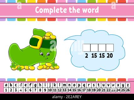 Vervollständigen Sie die Worte. Chiffriercode. Leprechaun Stiefel mit Münzen. Vokabeln und Zahlen lernen. Arbeitsblatt zum Bildungswesen. Aktivitätsseite für die Studie Englisch. Ist Stock Vektor