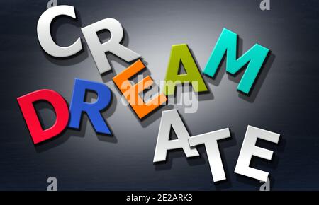 Text 'Create Dream' aus mehrfarbigen Buchstaben Stockfoto