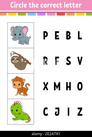 Kreise den richtigen Buchstaben ein. Affe, Elefant, Faultier, Leguan. Arbeitsblatt zur Entwicklung von Schulungen. Lernspiel für Kinder. Aktivitätsseite Farbe. Zeichentrickfigur Stock Vektor