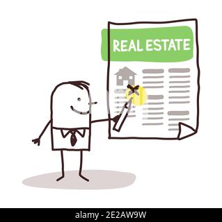 Hand gezeichnet Cartoon Mann auf der Suche nach einem Haus in einem Real Estate Zeitung Stock Vektor