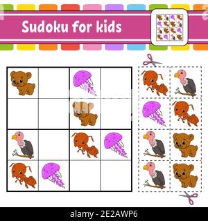 Sudoku für Kinder. Arbeitsblatt zur Entwicklung von Schulungen. Aktivitätsseite mit Bildern. Puzzle-Spiel für Kinder. Set Tiere. Isolierte Vektordarstellung. Spaß Stock Vektor