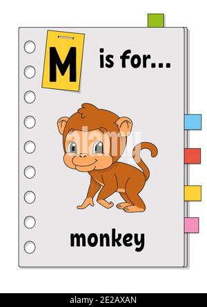 M ist für Affen. ABC-Spiel für Kinder. Wort und Buchstabe. Wörter lernen für Englisch lernen. Zeichentrickfigur. Farbvektordarstellung. Niedliches Tier. Stock Vektor