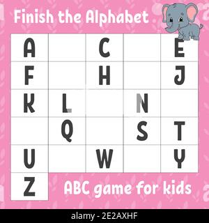 Das Alphabet fertig stellen. ABC-Spiel für Kinder. Arbeitsblatt zur Entwicklung von Schulungen. Grauer Elefant. Lernspiel für Kinder. Aktivitätsseite Farbe. Stock Vektor
