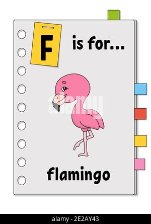 F ist für Flamingo. ABC-Spiel für Kinder. Wort und Buchstabe. Wörter lernen für Englisch lernen. Zeichentrickfigur. Farbvektordarstellung. Niedliches Tier. Stock Vektor