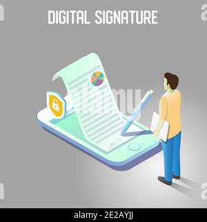 Digitale Signatur Vektor isometrische Illustration Stock Vektor
