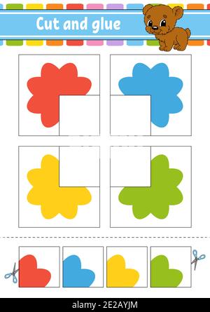 Schneiden und Kleben. Vier Flash Karten. Farbe Puzzle. Bildung Entwicklung Arbeitsblatt. Aktivität Seite. Spiel für Kinder. Lustige Charakter. Isolierte Vektor illus Stock Vektor