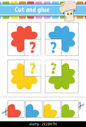 Schneiden und Kleben. Vier Flash Karten. Farbe Puzzle. Bildung Entwicklung Arbeitsblatt. Aktivität Seite. Spiel für Kinder. Lustige Charakter. Isolierte Vektor illus Stock Vektor