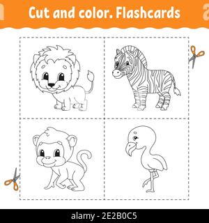 Schnitt und Farbe. Kartensatz. flamingo, Löwe, Zebra, Affe. Bild für Kinder. Zeichentrickfigur. Niedliches Tier. Stock Vektor