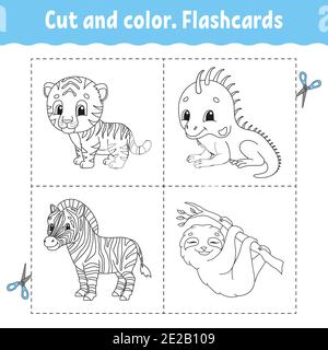 Schnitt und Farbe. Kartensatz. tiger, Leguan, Faultier, Zebra. Bild für Kinder. Zeichentrickfigur. Niedliches Tier. Stock Vektor