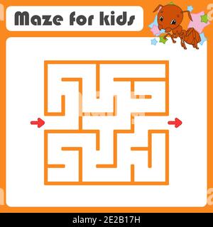 Quadratisches Labyrinth. Spiel für Kinder. Insektenamant. Puzzle für Kinder. Cartoon-Stil. Labyrinth-Rätsel. Farbvektordarstellung. Finden Sie den richtigen Weg. Das d Stock Vektor