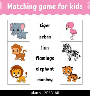 Passende Spiel für Kinder. Finden Sie die richtige Antwort. Zeichnen Sie eine Linie. Wörter lernen. Vorgangsarbeitsblatt. Zeichentrickfigur. Niedliches Tier. Stock Vektor