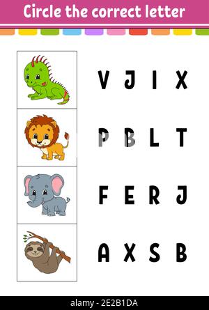 Kreise den richtigen Buchstaben ein. löwe, Elefant, Faultier, Leguan. Arbeitsblatt zur Entwicklung von Schulungen. Lernspiel für Kinder. Aktivitätsseite Farbe. Zeichentrickfilm Stock Vektor
