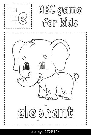 Buchstabe E ist für Elefant. ABC-Spiel für Kinder. Alphabet Malseite. Zeichentrickfigur. Wort und Buchstabe. Vektorgrafik. Stock Vektor