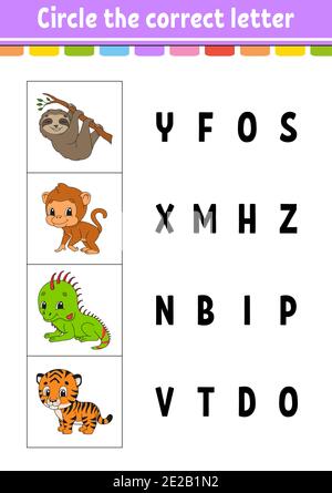 Kreise den richtigen Buchstaben ein. tiger, Affe, Faultier, Leguan. Arbeitsblatt zur Entwicklung von Schulungen. Lernspiel für Kinder. Aktivitätsseite Farbe. Cartoon-Charakter Stock Vektor