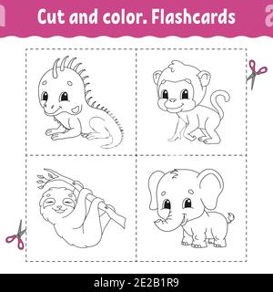 Schnitt und Farbe. Kartensatz. Affe, Faultier, Leguan, Elefant. Bild für Kinder. Zeichentrickfigur. Niedliches Tier. Stock Vektor