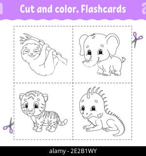 Schnitt und Farbe. Kartensatz. tiger, Faultier, Leguan, Elefant. Bild für Kinder. Zeichentrickfigur. Niedliches Tier. Stock Vektor