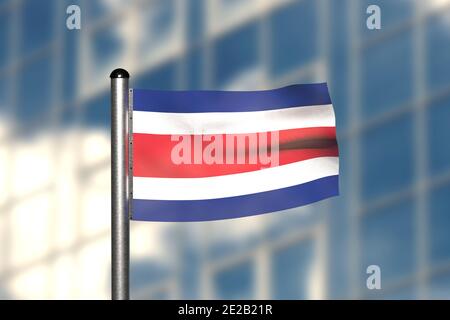 3d-Rendering einer Flagge von Costa Rica, vor einem verschwommenen Hintergrund, mit einem Stahlfahnenmast Stockfoto