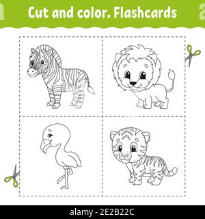 Schnitt und Farbe. Kartensatz. flamingo, Tiger, Löwe, Zebra. Bild für Kinder. Zeichentrickfigur. Niedliches Tier. Stock Vektor