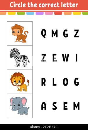 Kreisen Sie den richtigen Buchstaben ein. Zebra, Affe, Löwe, Elefant. Arbeitsblatt zur Entwicklung von Schulungen. Lernspiel für Kinder. Aktivitätsseite Farbe. Zeichentrickfilm Stock Vektor