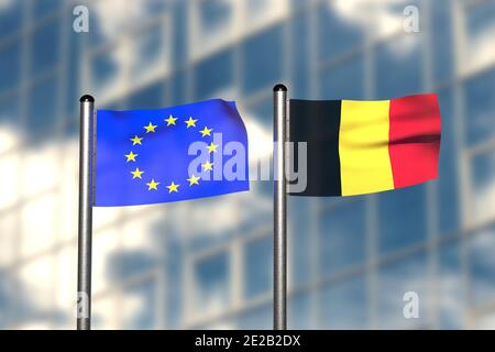 3d-Rendering einer Flagge Europas und Belgiens, vor einem verschwommenen Hintergrund, mit einem Stahlfahnenmast. Stockfoto