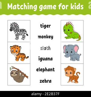 Passende Spiel für Kinder. Finden Sie die richtige Antwort. Zeichnen Sie eine Linie. Wörter lernen. Vorgangsarbeitsblatt. Zeichentrickfigur. Niedliches Tier. Stock Vektor