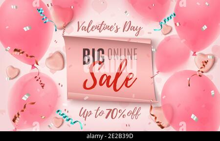Valentinstag großen Online-Verkauf. Abstrakt rosa Hintergrund mit Papier Banner und Ballons. Stock Vektor
