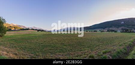 Schöne grasbewachsene Landschaft mit Hügeln und vielen Bäumen Unter einem hellen Himmel Stockfoto