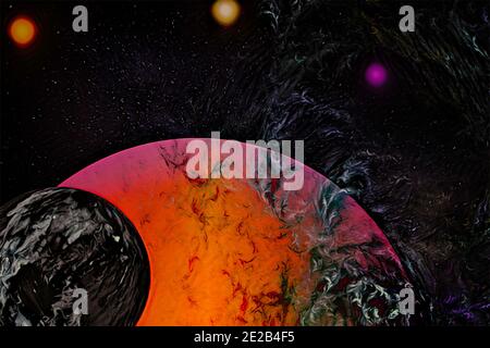 Illustration eines dunklen Mondes, der um einen roten Riesen kreist. Stockfoto