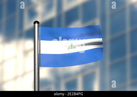 3d-Rendering einer Flagge Nicaraguas, vor einem verschwommenen Hintergrund, mit einem Stahlfahnenmast Stockfoto