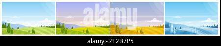 Cartoon Panorama Landschaft natürliche Landschaft, Ackerland Felder auf Hügeln, Wald am Horizont im Sommer Frühling Herbst Winter Hintergrund. Naturlandschaft Stock Vektor