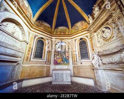 Geburt mit dem Heiligen Hieronymus (1488-1490) von Bernardino Pinturicchio in della Rovere Kapelle in der Kirche Santa Maria del Popolo - Rom, Italien Stockfoto