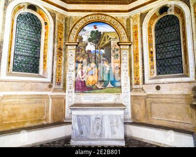 Geburt mit dem Heiligen Hieronymus (1488-1490) von Bernardino Pinturicchio in della Rovere Kapelle in der Kirche Santa Maria del Popolo - Rom, Italien Stockfoto