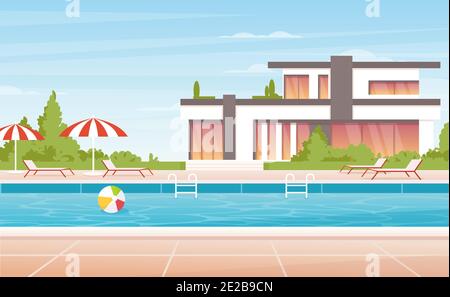 Cartoon No People Luxus Spa am Pool mit Sonnenschirm, Lounge und moderne Villa Villa oder tropisches Resort Hotelgebäude Hintergrund. Wasser-Swimmingpool Stock Vektor