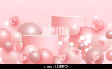 Minimale abstrakte Mock-up-Szene mit Podium oder Plattform, fliegende Blase geometrischen Formen und Liebe Elemente auf einem rosa Hintergrund. Minimale Szene mit geometrischen Formen für die Produktpräsentation. Vektorgrafik Stock Vektor