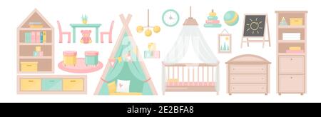 Babyzimmermöbel, Kinderzimmerinnenausstattung, Kinderkrippe Einrichtungskollektion Stock Vektor