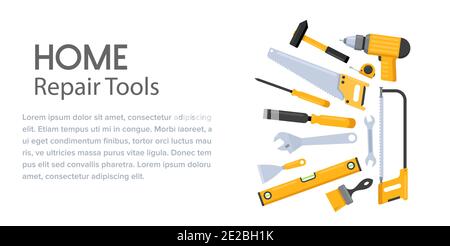 Zimmerei und Gebäude professionelle fix-Ausrüstung für die Renovierung zu Hause. Cartoon Handyman Toolbox mit Baumeister Sicherheitshut, Pinsel, Hammer und Stock Vektor
