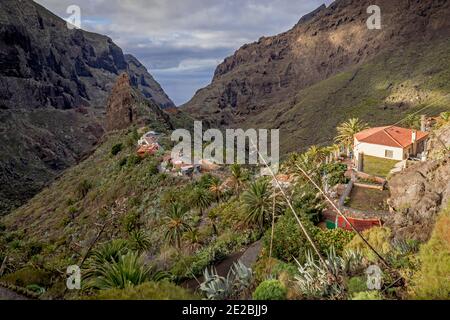 Blick über das kleine malerische Bergdorf Masca zwischen schwarzen vulkanischen Klippen im Macizo de Teno Gebirge auf Teneriffa, Kanarische Inseln, Spanien Stockfoto