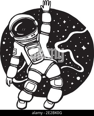 Vektor-Illustration von Kosmonauten, Astronaut im Weltraum mit Trommel auf weißem und dunkelgrauem Hintergrund. Stock Vektor