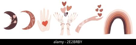 Boho Valentine Day Set besteht aus sechs Gnomen mit Herzen, Luftballons, Brief, ein Holzschild Stockfoto