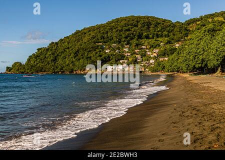 Eine bewaldete Bucht in der Nähe von Happy Hill (Fence Road), Saint George, Grenada, öffnet sich zum Meer hin mit einem Sandstrand und zwei festgemachten Fischerbooten, während farbenfrohe Häuser den steilen Hang hinaufklettern. Der 1.111. Jubiläumslauf der Hash House Harriers verläuft entlang dieses Küstenabschnitts. Der Lauf- und Social Club, der 1938 in Kuala Lumpur gegründet wurde und scherzhaft als „ein Trinkclub mit einem Laufproblem“ bekannt ist, zählt heute rund 1.500 Gruppen weltweit. Stockfoto