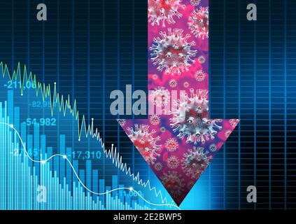 Wirtschaft und Gesundheit oder Krankheit als wirtschaftliche Angst und Pandemie Ängste oder Virenausbruch und Börsenverkauf als Kranke Finanzindustrie und Unternehmen Stockfoto