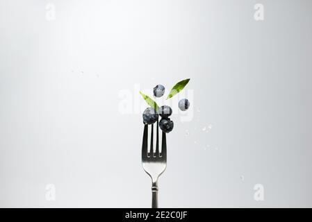 Frische Heidelbeeren im Levitation mit Wassertropfen auf der Gabel Stockfoto