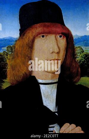 Porträt eines jungen Mannes von Hans Memling ? (Selingestadt am Main 1435/1440 - Brügge 1494 ) ,Deutsch, Deutschland . Stockfoto