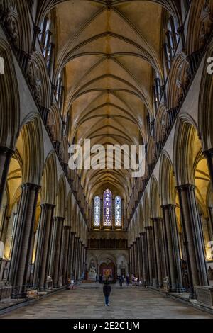 Allgemeiner Blick auf das Kirchenschiff in Salisbury Cathedral, (Cathedral Church of the Blessed Virgin Mary), eine anglikanische Kathedrale in Salisbury, Wiltshire, Großbritannien. Stockfoto