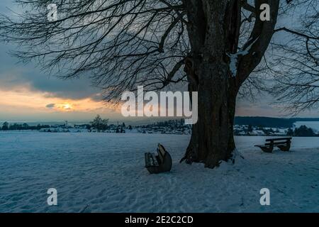 Traumhafte verschneite Winterlandschaft bei Heiligenberg am Bodensee bei Der Aussichtspunkt Amalienhoehe Stockfoto