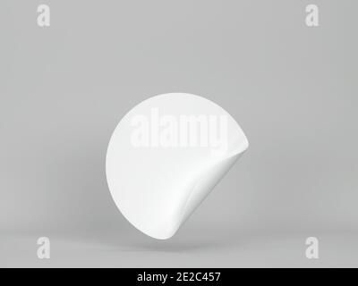 Unbeschriftete runde Aufkleber Mockup. 3d-Darstellung auf grauem Hintergrund Stockfoto
