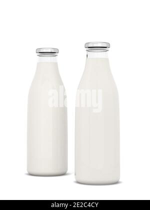 Milch aus der Flasche. 3d-Abbildung auf weißem Hintergrund Stockfoto