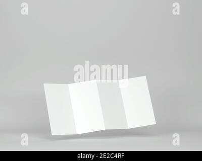 4-fach gefaltete Prospektmockup. 3d-Darstellung auf grauem Hintergrund Stockfoto