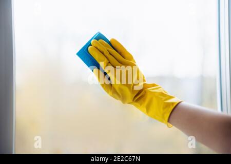Nahaufnahme Hand in schützenden gelben Handschuh mit Mopp ist Reinigen des Fensters Stockfoto