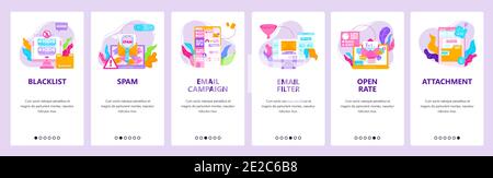 E-Mail-Kampagne, E-Mail-Blacklist und Filter, Spam-Check. Mobile App-Bildschirme, Vektor-Website-Banner-Vorlage. Stock Vektor